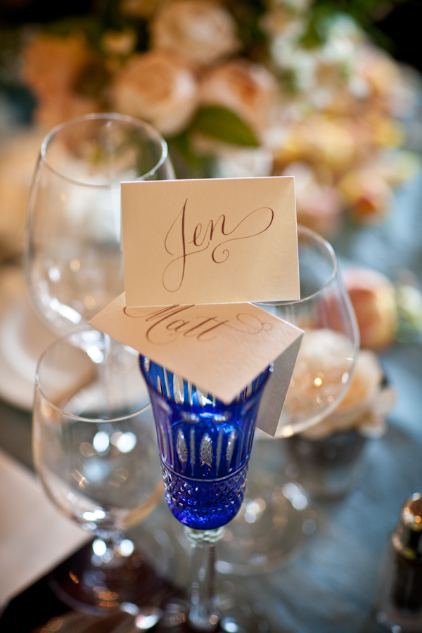 blue champage flute and place cards - real wedding photo by Los Angeles photographer Jay Lawrence Goldman